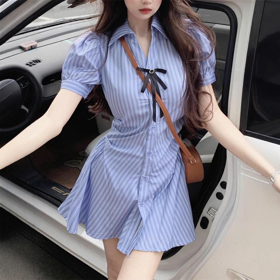 

Summer 2024 Striped Shirt Dress & High-Waisted Preppy Set - Women s Fashion Two-Piece XL