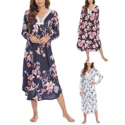Herbst Winter Lose Nachthemd für Frauen Langarm V-ausschnitt Floral Pyjamas Komfortable Nacht Kleid Weibliche Casual Einfache Hause Kleidung