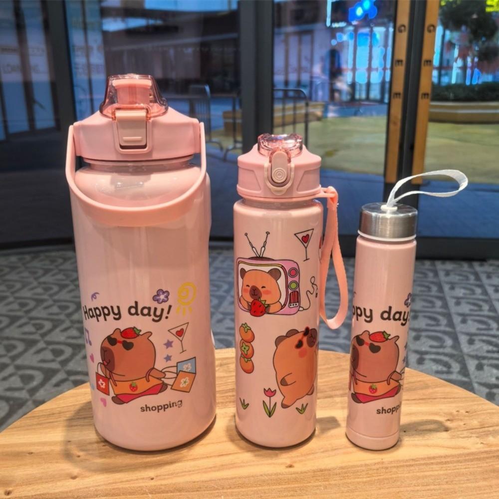 

3Pcs New Plastic Capybara Water Cup Cartoon Portable Straw Mug with Lanyard Water Bottle Gifts 0.25L рожевий