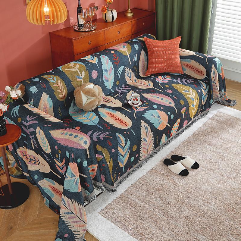 

1pc Sofa Towel All Cover Leaf Patterns Sofa Throw Blanket With Tassels Couch Covers Four Seasons Universal Home Decor S-70.87x51.18inch темно-синий