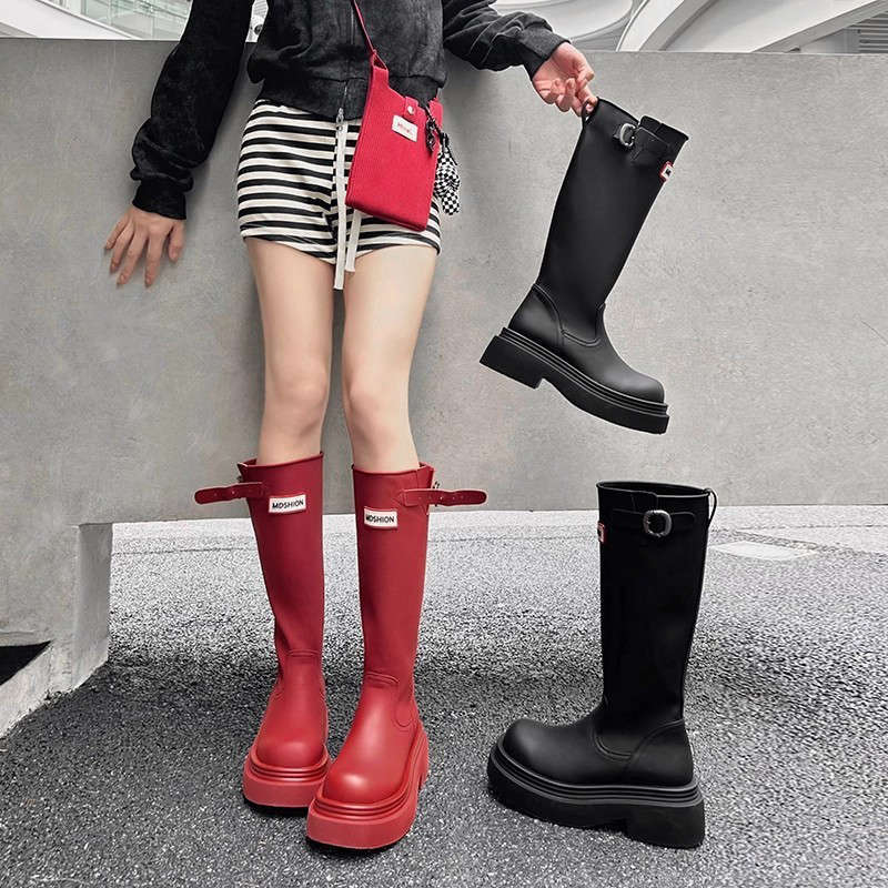 Rote lange Stiefel mit dicker Sohle, rutschfest, für den Außenbereich, Camping, knielang, Reise-Stiefel, Ritterstiefel