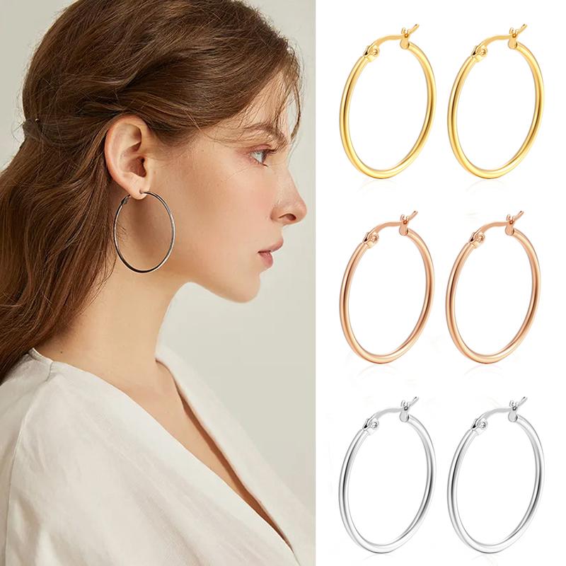30-80Mm Big Simple Classic Hoop Earrings For Women Girls Circle Stainless Steel Earrings Gold Color Round Earings Gift