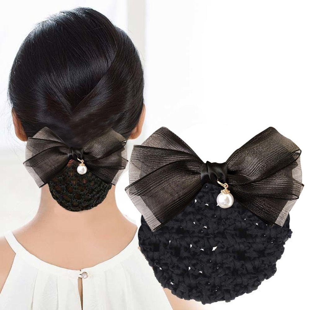 Spring Clip Mesh Bow Bun Net Pearl Pendant Bowknot Hairgrips Net Cover Bowknot Bun Snood  Daily