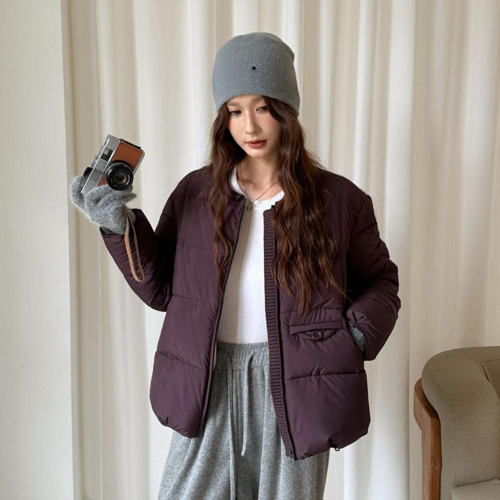 Korean Winter Short Puffer Coat for Women Round Neck Casual Loose Fit Petite Commuter Outerwear