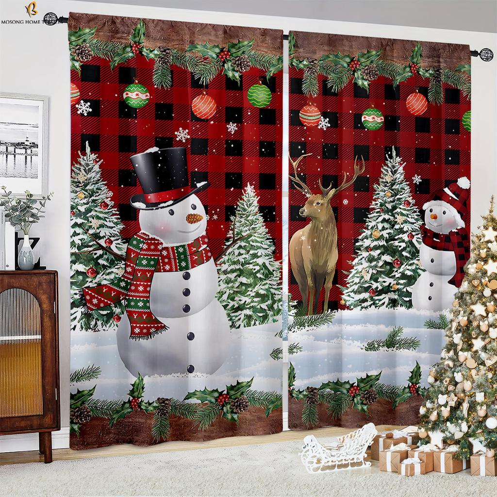2pcs Christmas Snowman Christmas Tree Cartoon Printed Curtains Restaurant Bedroom New Year Decoration Curtains Children Gifts