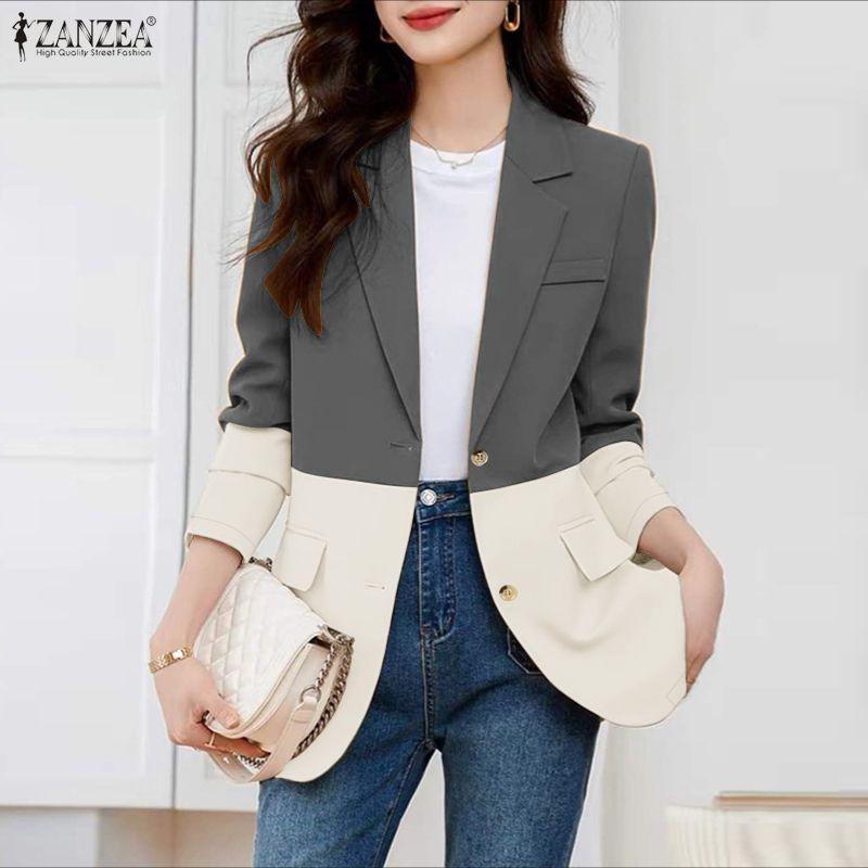 ZANZEA Women Casual Turn Down Collar Long Sleeve Patchwork Thin Cardigan Blouse