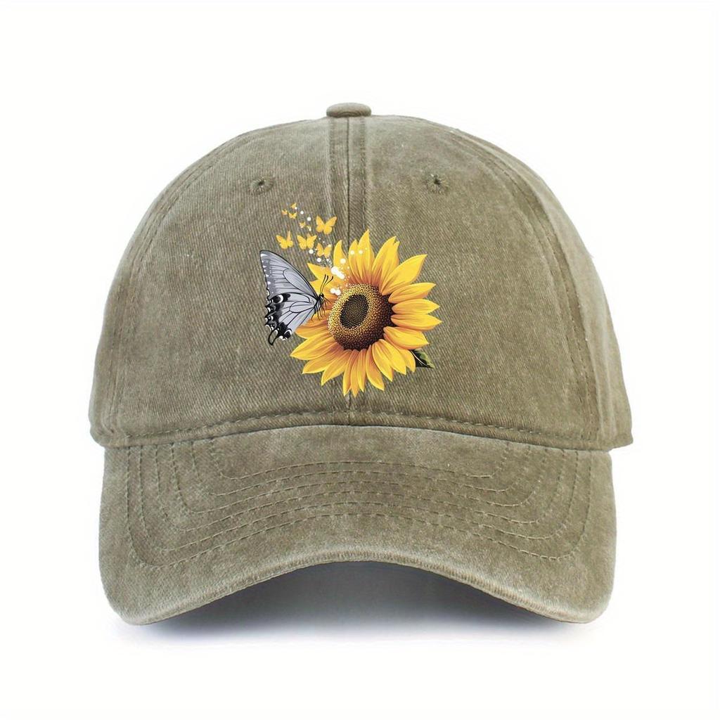Sunflower Butterfly Print Baseball Cap Unisex Washed Denim Casual Adjustable Sun Protection Outdoor Hat