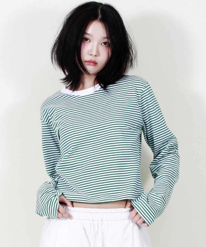 Deumakeu Striped Semi-Crop Long Sleeve T-Shirt Green