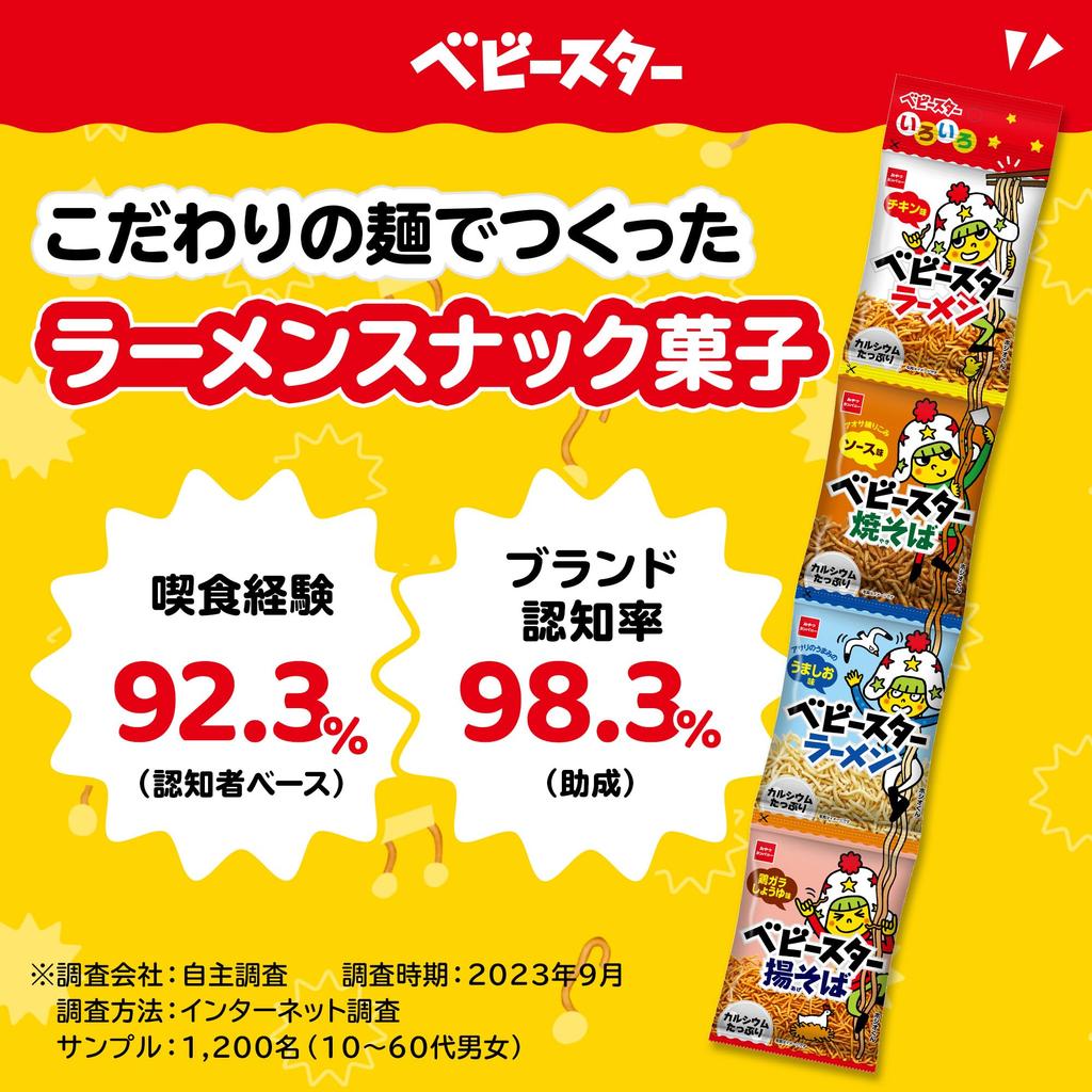 Oyatsu Company Baby Star Various 4 bags x 20 bags Share Recipe Cooking Snacks Chicken Yakisoba Umashio Chicken Soy [Official] 4-pack (Calcium Eat-all