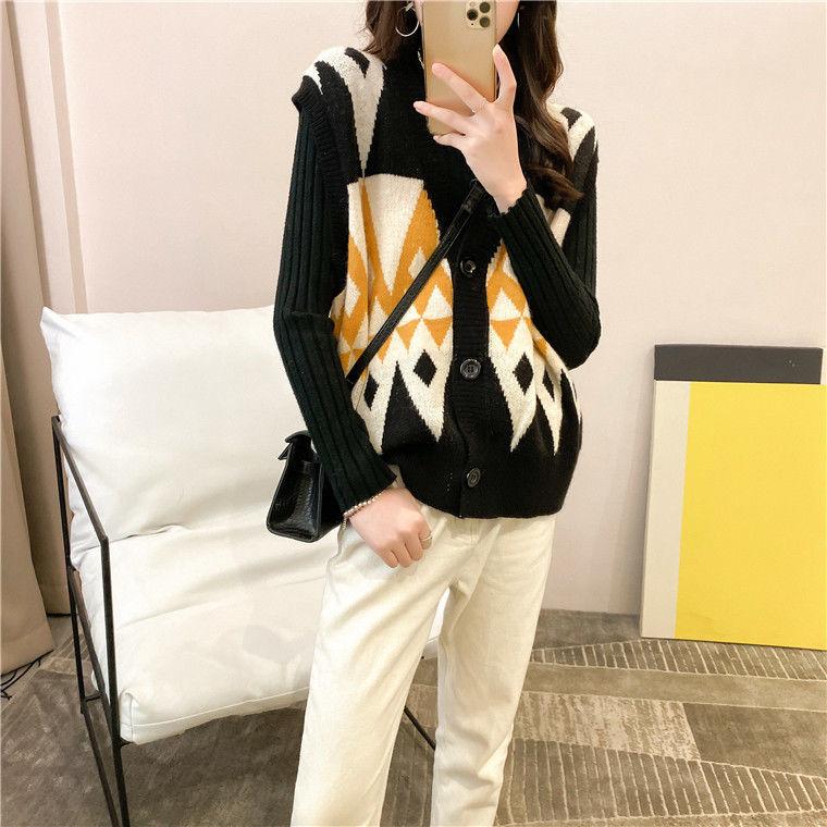 Spring and Autumn Lazy Style All-match V-neck Cardigan Sleeveless Color Matching Loose Sweater Rhombus Wear Vest Knitted Waistcoat Women