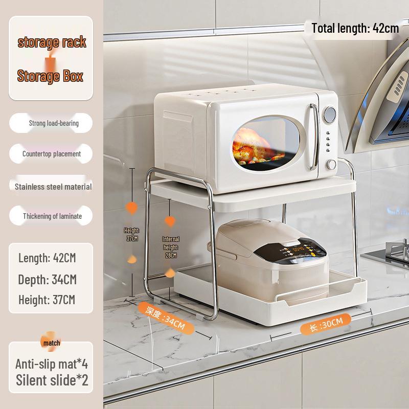 Double Layer Microwave Oven Storage Rack - Multi-functional Kitchen Countertop Shelf with Pull-out for Rice Cooker