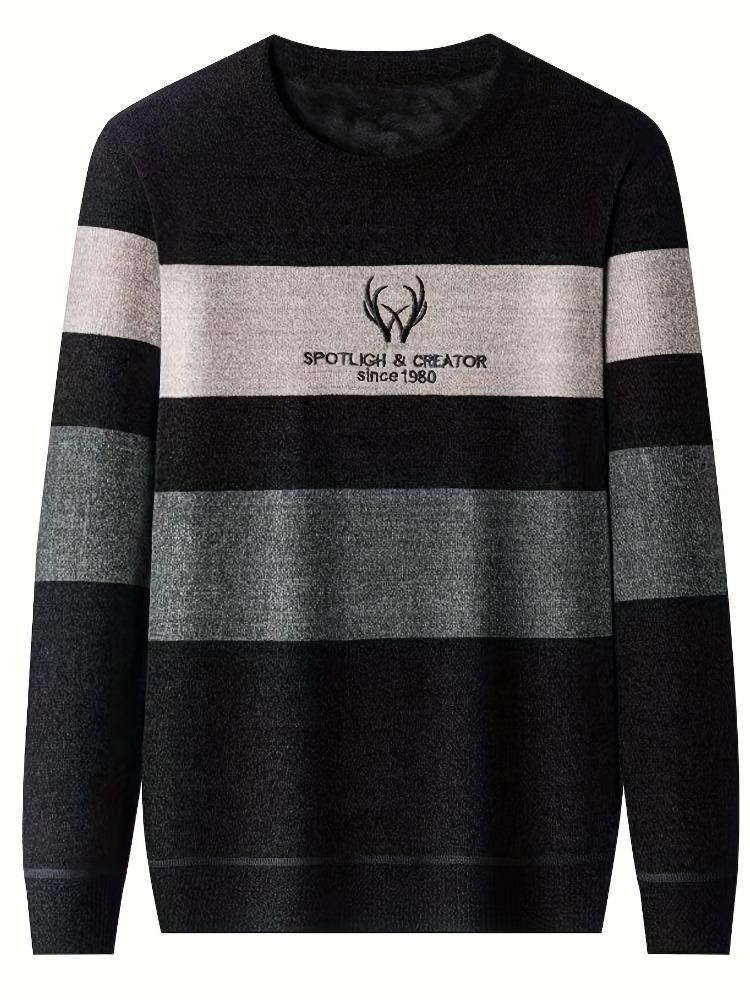 Color Block Knitted Sweater, Men's Casual Warm Mid Stretch Crew Neck Pullover Sweater for Men Fall Winter