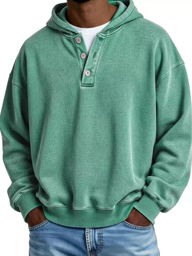 2025 European & American Men's Solid Color Hooded Sweatshirt - Three-Button, Loose Fit, Long Sleeve Jacket for Spring & Autumn