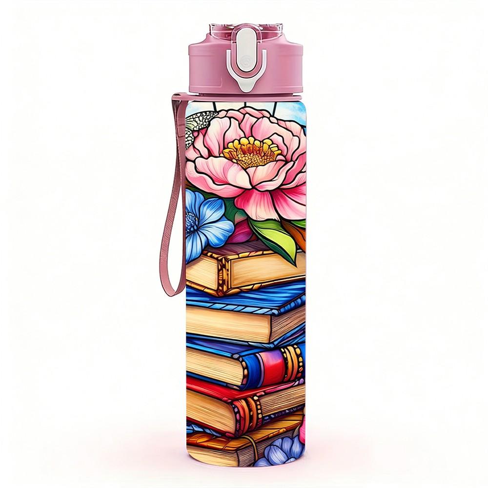 1PC Stack Book Rose Flower Knowledge Art 750ml Color Plastic Sports Water Bottle Leakproof Flip Straw Lid Suitable for Sports Office Home Use