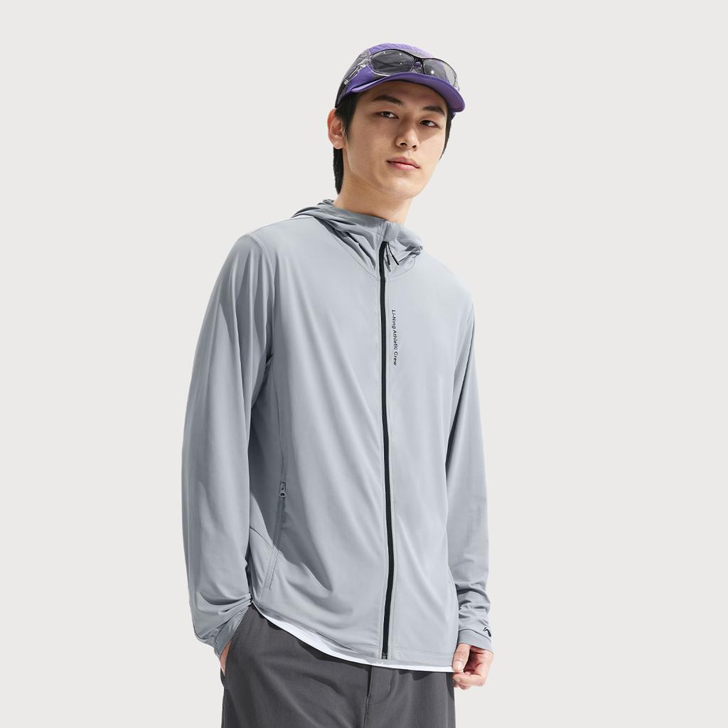 Li Ning Ice Silk Cool Comfort Casual Simple Hooded Letter Print Jacket Men Jacket Gray AFDVE43-3