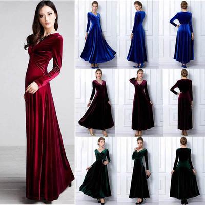 Vestido feminino outono veludo manga comprida decote em V.