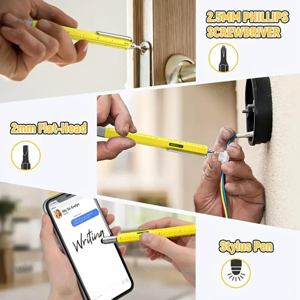 Pix metalic multifuncțional 7 în 1 cu nivelă, riglă, gadgeturi, inginer, tâmplar, dulgher, unealtă de buzunar cu stylus, riglă, șurubelniță