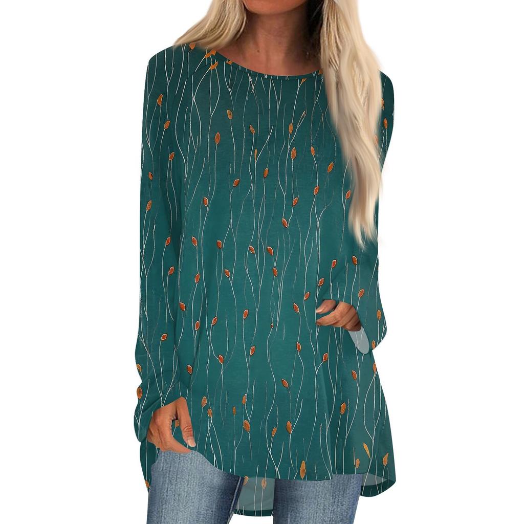 Women's Fashion Casual Long Sleeve Print Round Neck Pullover Top Blouse