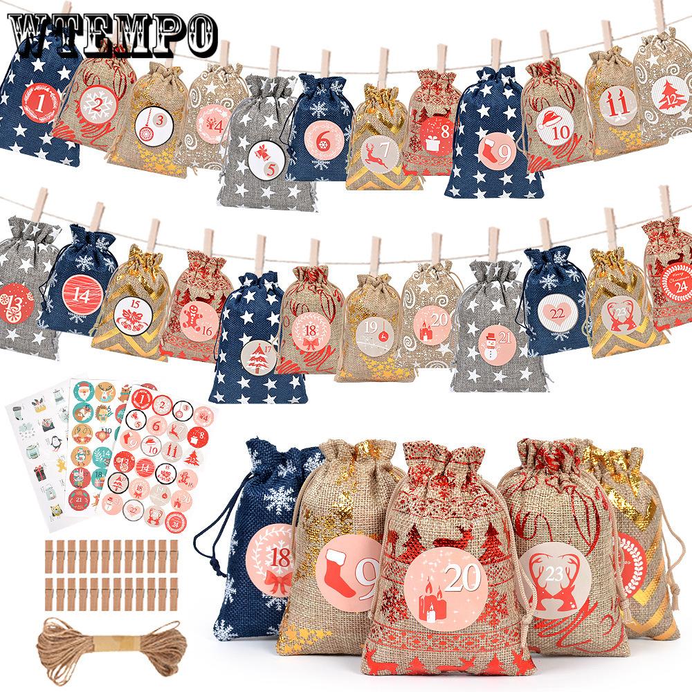 24pcs Christmas Arrival Countdown Drawstring Bag 24 Digital Linen Drawstring Bag Candy Drawstring Gift Bag