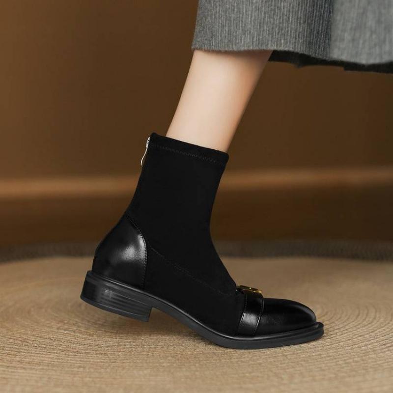 Korean version of the new rubber-soled Martin boots elastic suede solid color square heel round head autumn and winter large size zipper medium boots