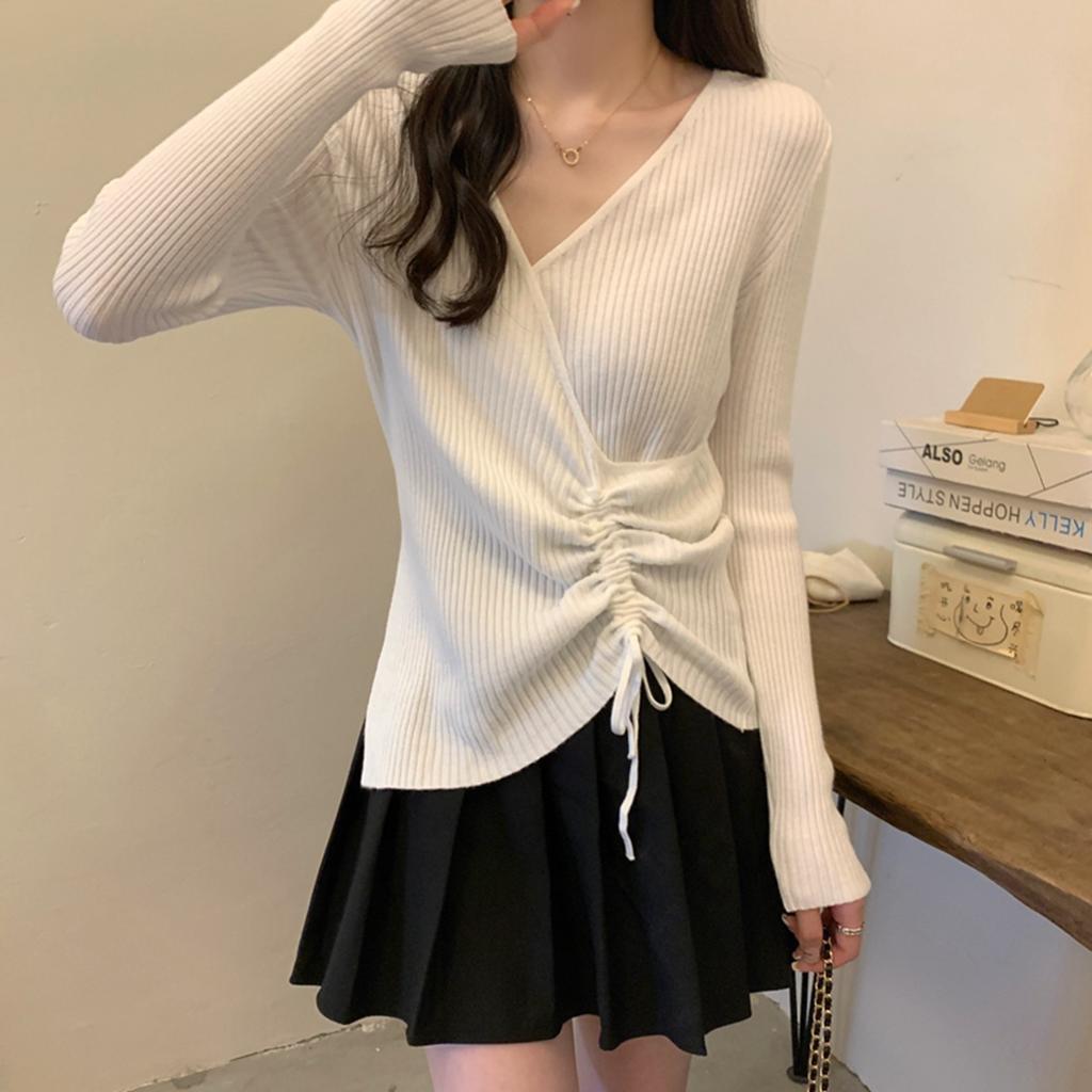 French Cross Slim Inside with Drawstring Knit Top Base for Women's Autumn/Winter Slimming V-neck Sweater Trend