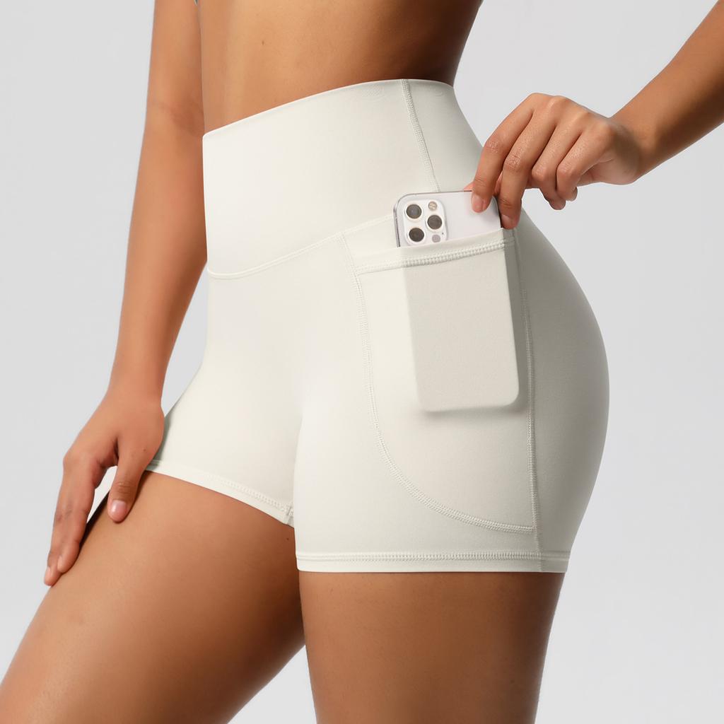 Pantaloni da yoga tinta unita con tasche – pantaloncini fitness traspiranti a vita alta snellenti per donna