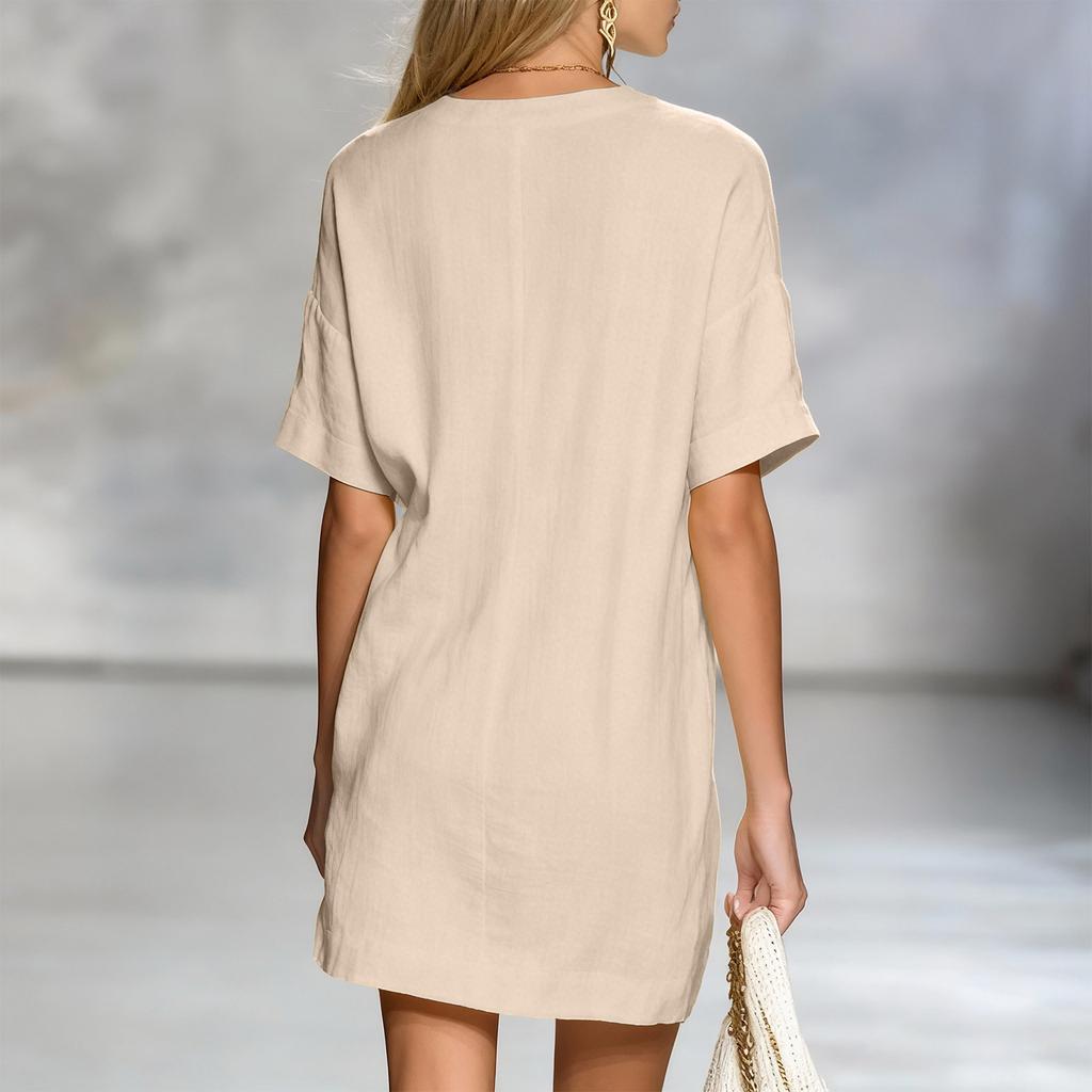 Women's Fashionable Loose-fitting Short-sleeved V-neck Cotton And Linen Summer Dress