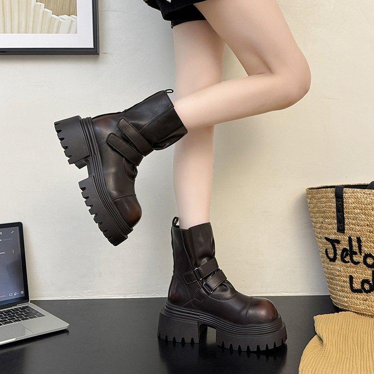 European leather Velcro platform muffin Martin boots versatile Chelsea boots platform small 6cm women's shoes