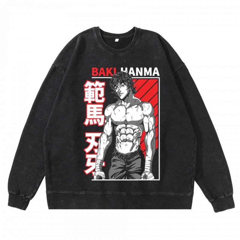 Heavyweight 360g Washed Vintage Baki Hanma Anime Graphic Hoodie-Free Cotton Sweatshirt Men