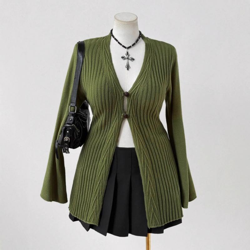 A New Knitted Sweater with Deep V, Slimming and Form-fitting Flared Sleeves and Button Cardigan