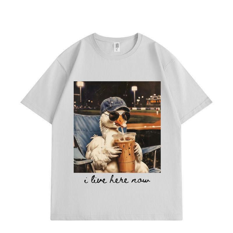 I Live Here Now Funny Goose Meme Graphic T Shirts High Quality Fashion Oversized T-shirts Men Women Short Sleeve T-shirt