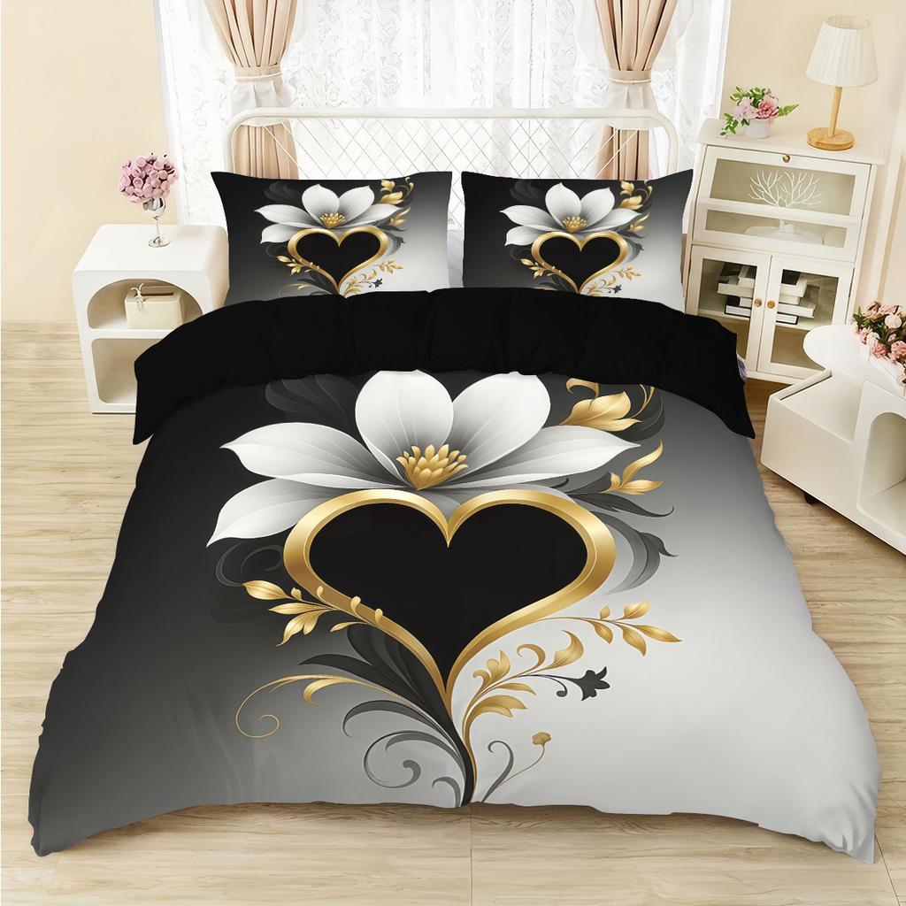 Black White Bedding Set Golden Flowers Soft Comfortable Duvet Cover King Queen Twin Single Size for Bithday Gift Room Decoration