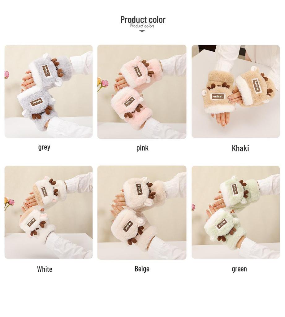 Women's Winter Warm Color Block Reindeer Flip Fingerless Gloves - Fleece Lined, Thickened & Anti-Freeze for Writing & Cycling
