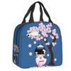 Custom Japanese Girl Sakura Kokeshi Doll Lunch Bag Men Women Warm Cooler Insulated Lunch Box for Kids School Children