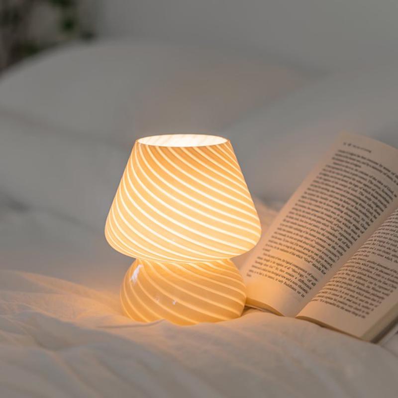 Italian Designer Glass Desk Lamp Glass Table Bedside Lamps Vintage Striped Small Mushroom Led Night Light Home Decor Desk Lamp