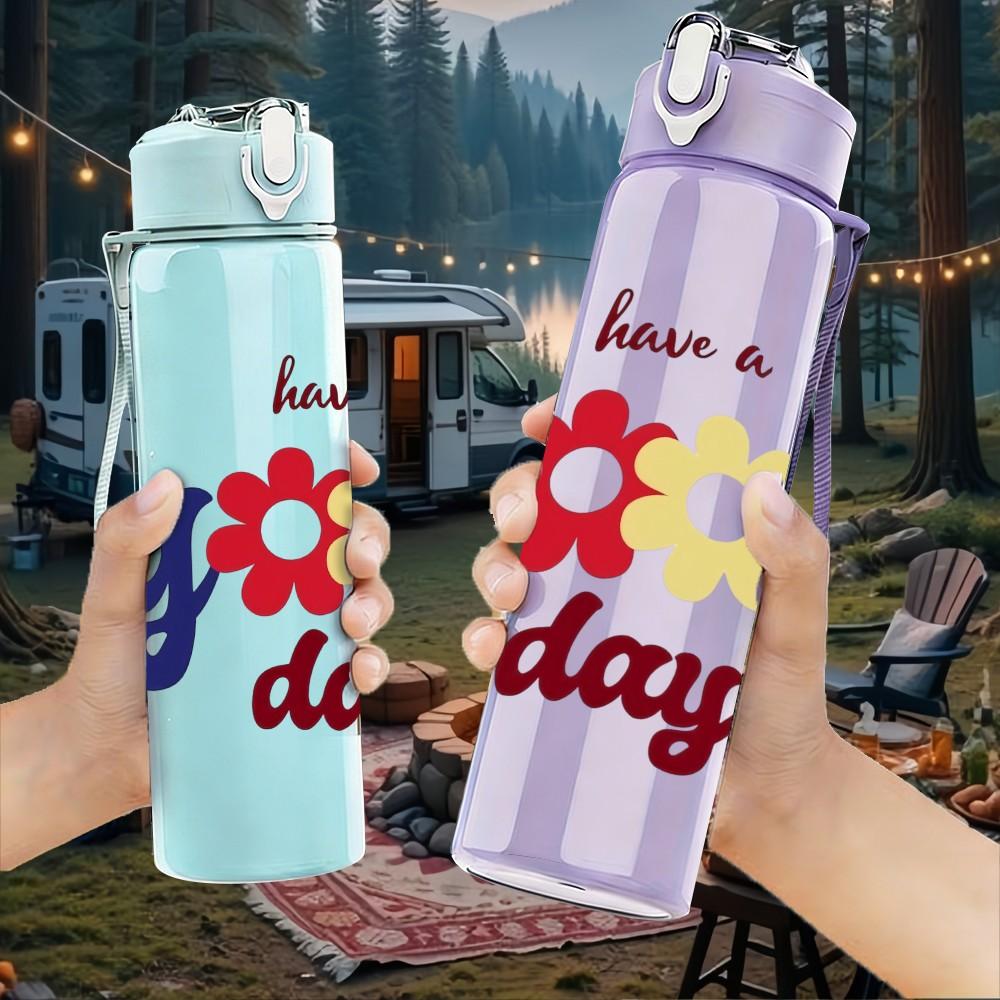 1PC Have A Good Day Soft Pastel Lettering Art 750ml Color Plastic Sports Water Bottle Leakproof Flip Straw Lid Suitable for Sports Office Home Use