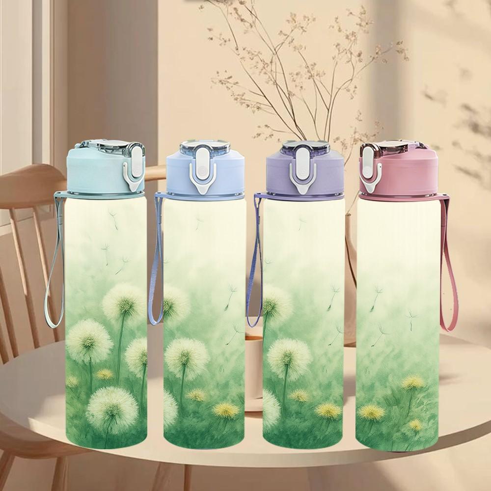 1PC Soft Green Misty Wild Floral Print 750ml Color Plastic Sports Water Bottle Leakproof Flip Straw Lid Suitable for Sports Office Home Use
