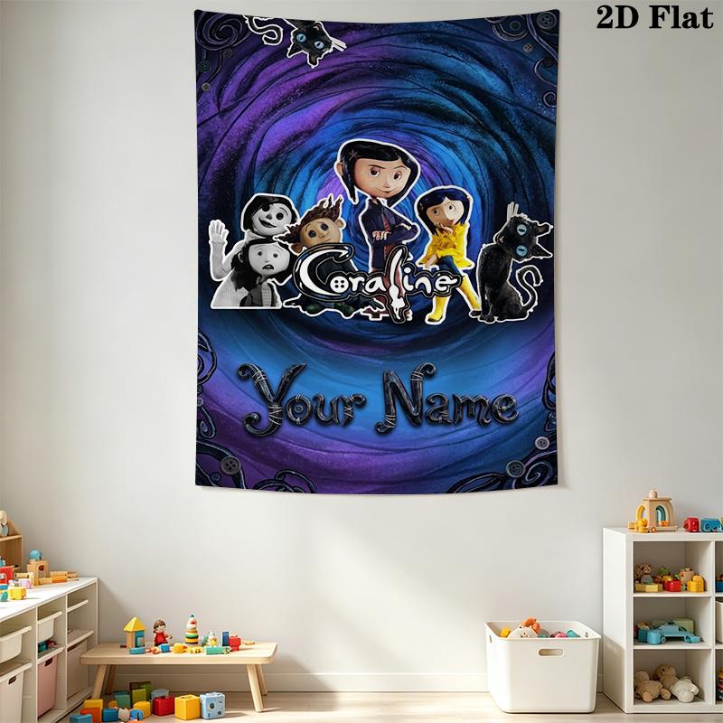 Name Custom Cartoon Coraline Wall Tapestry Aesthetic Wall Hanging Printed Fabric Blanket Decorative Tapestries for Bedroom Living Room Home Decor