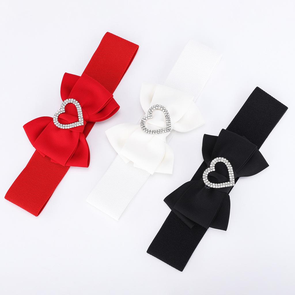 Love-Shaped Rhinestone Inlaid Bow Wide Belt With Skirt Sweet Black Wide Elastic Elastic Waist Seal Female