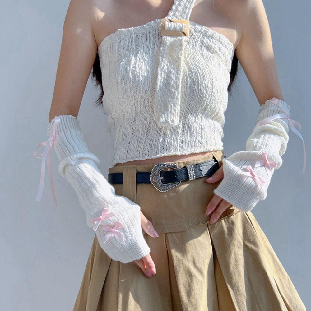 Sløyfe Y2K Varme Ermer Elastiske Fingerløse Hansker Ballettstil Sløyfe Strikkede Armvarmere Lolita