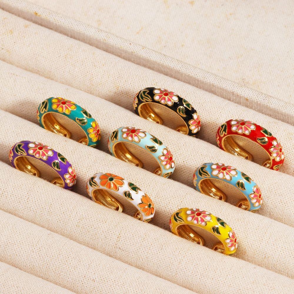 Adjustable Flower Enamel Ring Dripping Oil Engagement Opening Ring Colorful Jewelry Flower Finger Ring Wedding