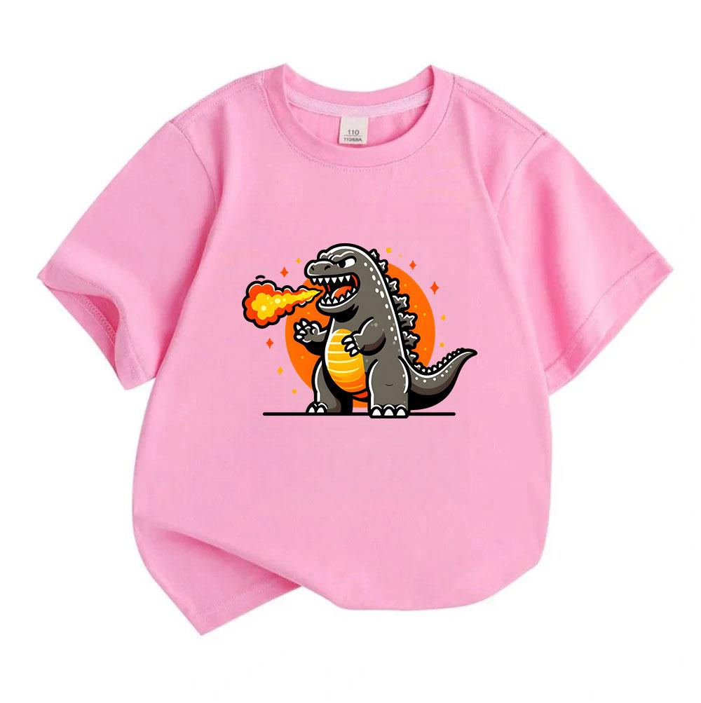 Cute Cartoon Dinosaur Fire Breath Print Kids T Shirt 100% Cotton Crew Neck Short Sleeve Tee for Boys Girls Casual Lightweight Soft Summer Daily Wear T
