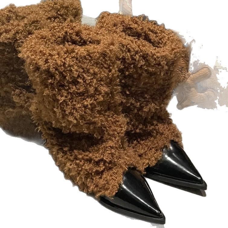 Sheep curly splicing pointed short boots 2025 autumn and winter new fashion versatile women's boots Internet celebrity fashionable middle heel fashi