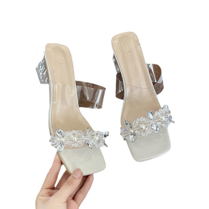 Crystal High-heeled Fashion Sandals Female Summer New Fairy Rhinestone Word with Transparent Cool Slippers Female