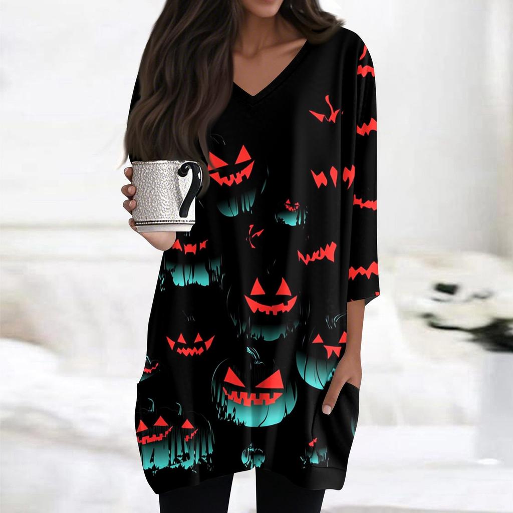 Damen Oberteile V-Ausschnitt 3/4 Ärmel Blusen Lässige Mittellange Hemden Mode Halloween Print Tunika Oberteile Mit Taschen