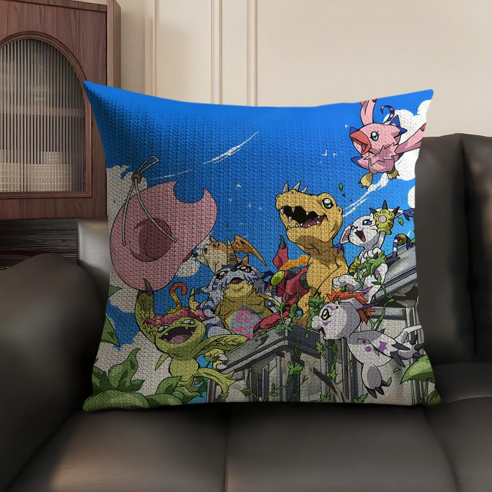 Anime DDigimon AAdventure Cushion Cover Natural Linen Organic Fabric DoubleSided Printing Sofa Home Decor Gift Pillow Case