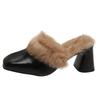 Fur Chunky Women Cotton Slippers Square Toe Short Plush Fad High Heels Mules Shoes 2025 Trend Winter Sexy Pumps Femme Chaussures