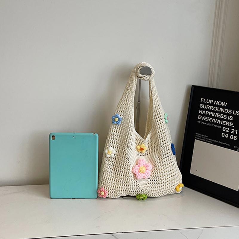 Crochet Mesh Beach Toted Bag,Bohemian Vacation Handbags Aesthetic Knit Shoulder Bag for Women Travel Bag KTB