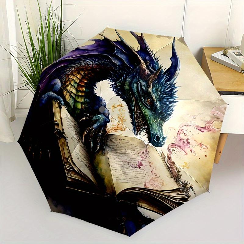 Dragon Book Theme Automatic Open/Close Umbrella, Portable 3 Fold Compact Umbrella for Men & Women, Valentine's Day Mother's Day Gift0725085