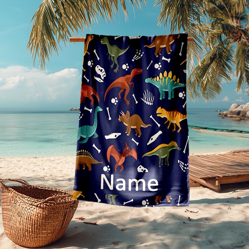 Custom Name Ultra-Soft Beach Towel with Dinosaur Theme,Ideal for Pool - Camping, Diving - Perfect Travel Essential, Vibrant Beach Towel.